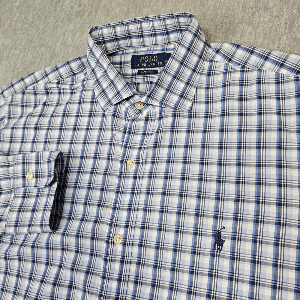 Polo Ralph Lauren Shirt Mens L Blue Plaid Classic Fit Button Up Stretch